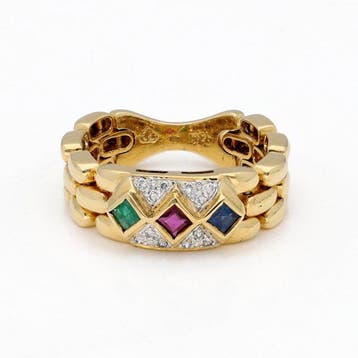 Ring - 18 karaat Geel goud - Diamant - Robijn, Saffier,, Nieuw