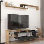 Tv-meubelset Liksefte met wandrek saffier eiken en zwart 154, Huis en Inrichting, Kasten | Dressoirs, Verzenden, Nieuw