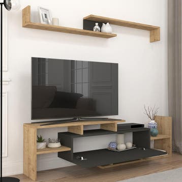 Tv-meubelset Liksefte met wandrek saffier eiken en zwart 154, Huis en Inrichting, Kasten | Dressoirs, Verzenden, Nieuw