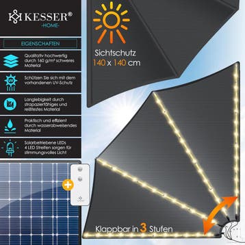 KESSER® opvouwbaar balkonscherm - LED - 140x140cm - Antracie, Verzenden, Zo goed als nieuw