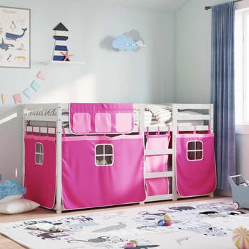 vidaXL Stapelbed met gordijnen 90x200 cm grenenhout roze, 90 cm, Eenpersoons, Verzenden, Nieuw