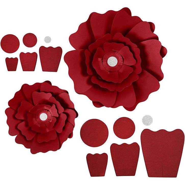 Papieren bloemen, d 15+25 cm, 230 gr, rood, 2 stuk/ 1 doos, Hobby en Vrije tijd, Kaarten | Zelf maken