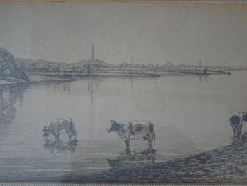 Litho IJssel met koeien zicht op Deventer Co Breman 1937, Verzenden