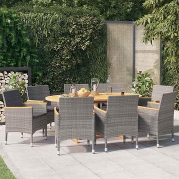 vidaXL 9-delige Tuinset met kussens grijs, Verzenden, Nieuw, 8 zitplaatsen, Tuinset