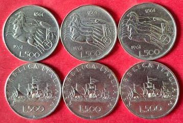 Italië. 500 Lire argento (lotto di 6 monete) (Zonder
