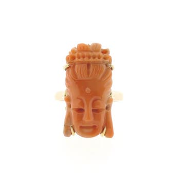 Vintage gouden ring van Kuan Yin in bloedkoraal, Gebruikt, Ophalen of Verzenden, 17 tot 18, Met edelsteen