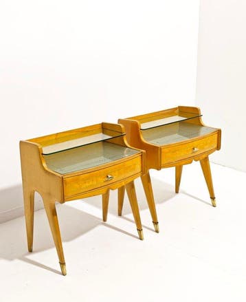Nachtkastje (2) - Hout, Messing, Glas - Design Italia 1950