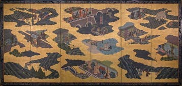 Een Japanse zesdelige bybu () met bladgoud en verhalende