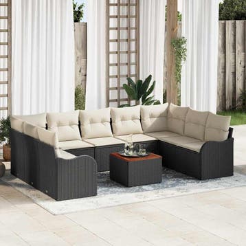 vidaXL Tuinbankenset met kussen 10 pcs Zwart poly rattan, Verzenden, Nieuw, Rotan, Meer dan 8 zitplaatsen
