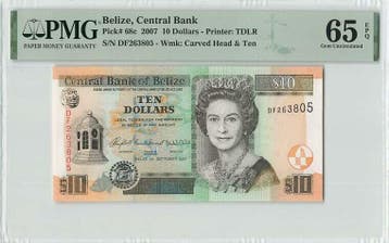 2007 Belize 10 Dollars Pick 68c Pmg Gem Unc 65 Epq, Verzenden