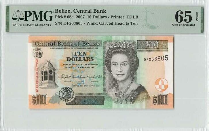 2007 Belize 10 Dollars Pick 68c Pmg Gem Unc 65 Epq, Postzegels en Munten, Bankbiljetten | Europa | Niet-Eurobiljetten, Verzenden