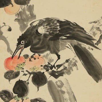 Crow Pecking at Persimmon - with signature Seiko hitsu