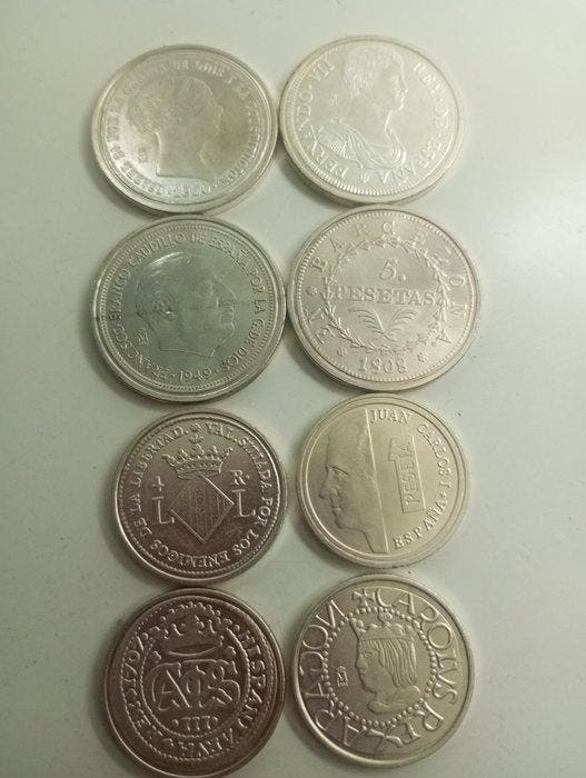 Spanje. Lote 8 monedas bañadas en plata acuñadas por la Real, Postzegels en Munten, Munten | Europa | Niet-Euromunten