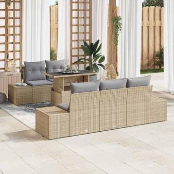 vidaXL Tuin Sofa Set met kussen met opslag 6 pcs Beige en, Verzenden, Nieuw, Rotan, 6 zitplaatsen