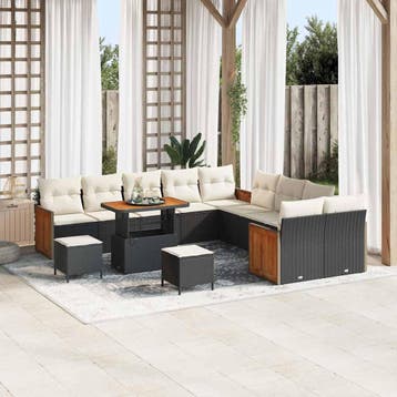 vidaXL Tuinbankenset met kussen 17 pcs Zwart en Crème poly, Verzenden, Nieuw, Rotan, 7 zitplaatsen