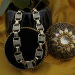 Gouden schakelarmband met zirconia; 22 cm, Sieraden, Tassen en Uiterlijk, Armbanden, Gebruikt, Overige kleuren, Ophalen of Verzenden