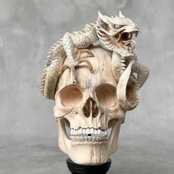 Snijwerk, Tamarind Wood Skull with Carved Dragon -, Antiek en Kunst
