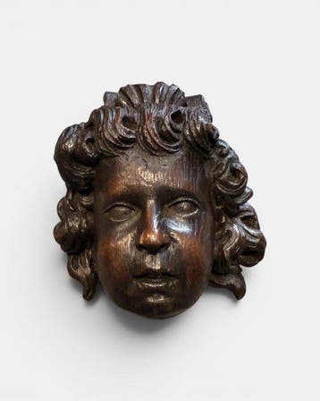 sculptuur, Barok engel hoofd / fragment kerk meubel 17e eeuw, Antiek en Kunst