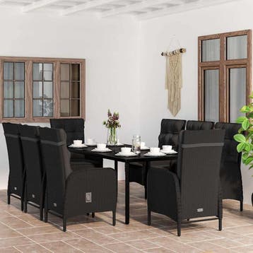 vidaXL 9-delige Tuinset met kussens zwart, Verzenden, Nieuw, 8 zitplaatsen, Tuinset