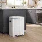 Nieuw: 40L Prullenbak met 2 Compartimenten Wit – Pedaalemmer, Verzenden, Nieuw, Metaal, Met pedaal