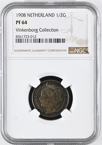 Koningin Wilhelmina halve gulden 1908 Proof PF64 NGC Ex, Verzenden, Koningin Wilhelmina, Losse munt, Zilver