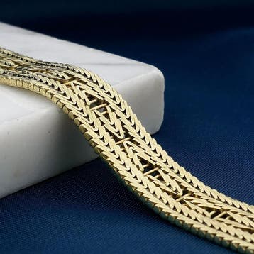 Gouden armband met visgraatpatroon; 14 karaat; 18,5 cm, Sieraden, Tassen en Uiterlijk, Ophalen of Verzenden, Gebruikt, Goud, Goud