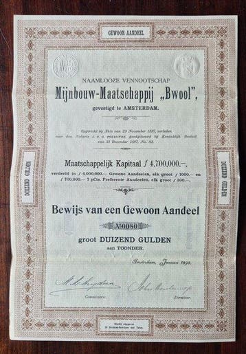 Nederland. 1000 Gulden - 1898 Mijnbouw Maatschappij Bwool -