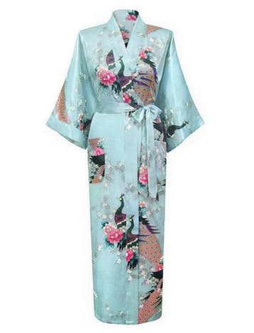 KIMU® Kimono Lichtblauw Maxi L-XL Yukata Satijn Lang Lange L, Ophalen of Verzenden, Nieuw, Maat 42/44 (L), Carnaval