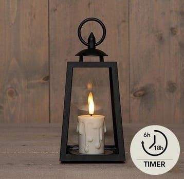 Lantaarn met druipkaars led 3d vlam op batterij timer zwart, Ophalen of Verzenden, Nieuw