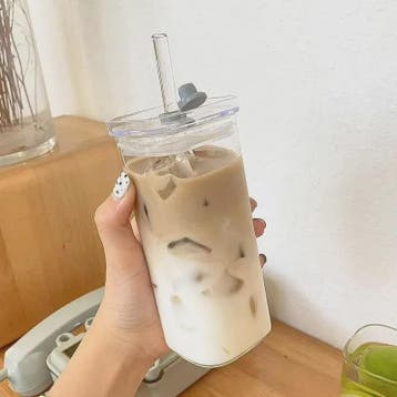 Vierkante Glazen Koffiebeker met Deksel en Rietje - Hittebes, Verzenden, Nieuw