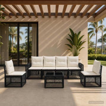 vidaXL Tuinbankenset 7 pcs Zwart en Cream Wit poly rattan, Verzenden, Nieuw, 7 zitplaatsen