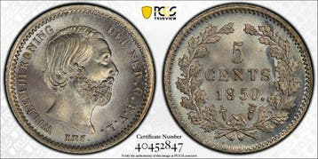 Koning Willem III 5 cent 1850 MS66 PCGS gecertificeerd, Verzenden, Munten