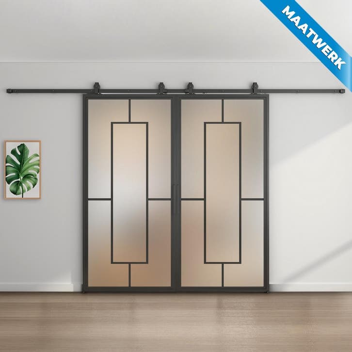 Dubbele stalen Schuifdeuren Zwart 5 Vlaks Maatwerk Mat glas, Doe-het-zelf en Verbouw, Kozijnen en Schuifpuien, Nieuw, Inclusief glas