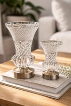 Bloempot (2) - Kristal, Metaal - Gegraveerde voetstuk,