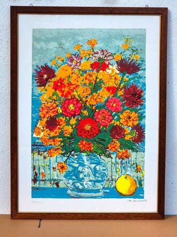 Michele Cascella (1892-1989) - Vaso con Fiori ed arancia