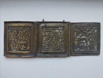 Reis-icoon - Opstanding, (Drieluik) - brons,emaille