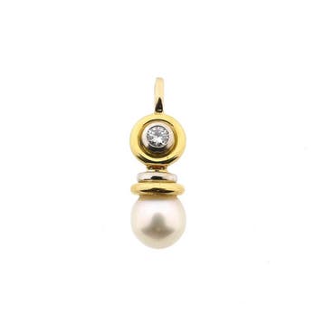 Bicolor gouden hanger met parel en diamant; 0,20 ct., Ophalen of Verzenden, Gebruikt, Goud, Overige merken