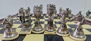 Schaakspel - Ajedrez de PLATA de Lujo vintage Conmemorativo:, Antiek en Kunst