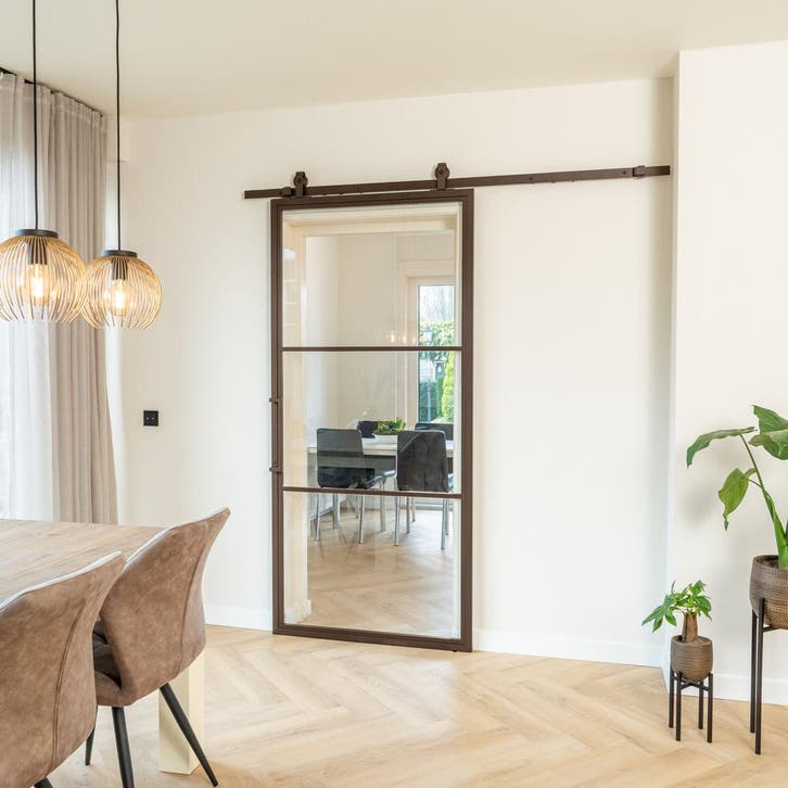 Stalen Schuifdeur - 3 Vlaks - Brons - Helder glas *, Doe-het-zelf en Verbouw, Kozijnen en Schuifpuien, Inclusief glas, Nieuw, Metaal