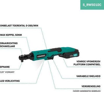2dekans | VONROC Accu ratelsleutel – 20V – 50Nm – 3/8” –, Ophalen of Verzenden, Zo goed als nieuw