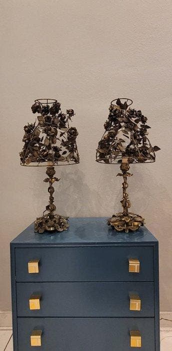 Pair of Italian Hollywood Regency Tole & Gilt Bronze Floral