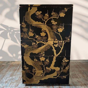 Grote vierdelige lakwerk Jbako (stapelbare doos) met gouden, Antiek en Kunst