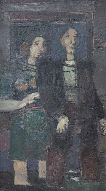 Nederlandse school (XX) - Twee figuren voor een deuropening