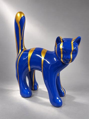 Beeld, blue cat whit gold - 32 cm - polyresin