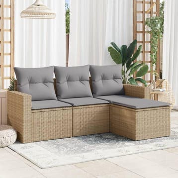 vidaXL 4-delige Loungeset met kussens poly rattan beige, Tuin en Terras, Tuinsets en Loungesets, Verzenden, Nieuw, Loungeset