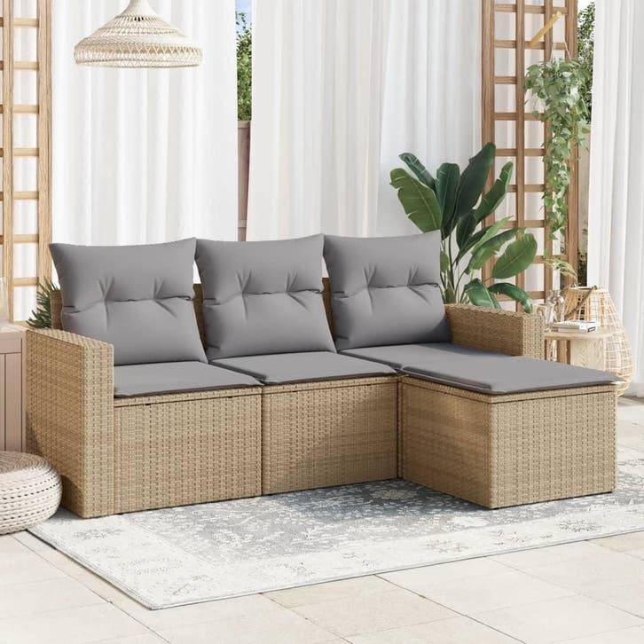 vidaXL 4-delige Loungeset met kussens poly rattan beige, Tuin en Terras, Tuinsets en Loungesets, Loungeset, Nieuw, Verzenden