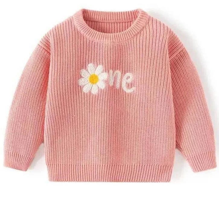 Eerste verjaardag trui roze met vrolijke bloem, Kinderen en Baby's, Babykleding | Maat 80, Truitje of Vestje, Meisje, Nieuw, Verzenden