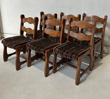 Stoel - Eik - Set van zes vintage design eetkamerstoelen uit