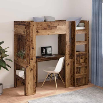 vidaXL Loft Bedframe met Bureau Oudhout 75 x 190 cm Bewerkt, Eenpersoons, Bruin, Verzenden, Nieuw