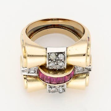 Ring - 18 karaat Geel goud, Platina - Diamant - Robijn, Nieuw